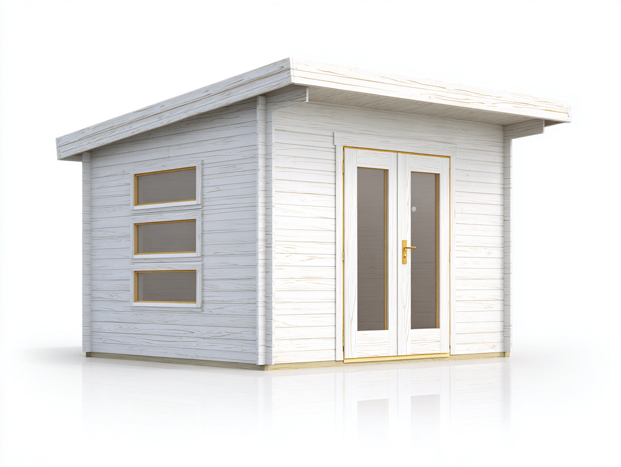 Casetta da giardino - legno - 420x315x255 cm - bianco-legno naturale - moderno